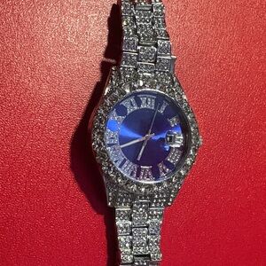 Crystal-Embellished Silver Watch with Blue Dial